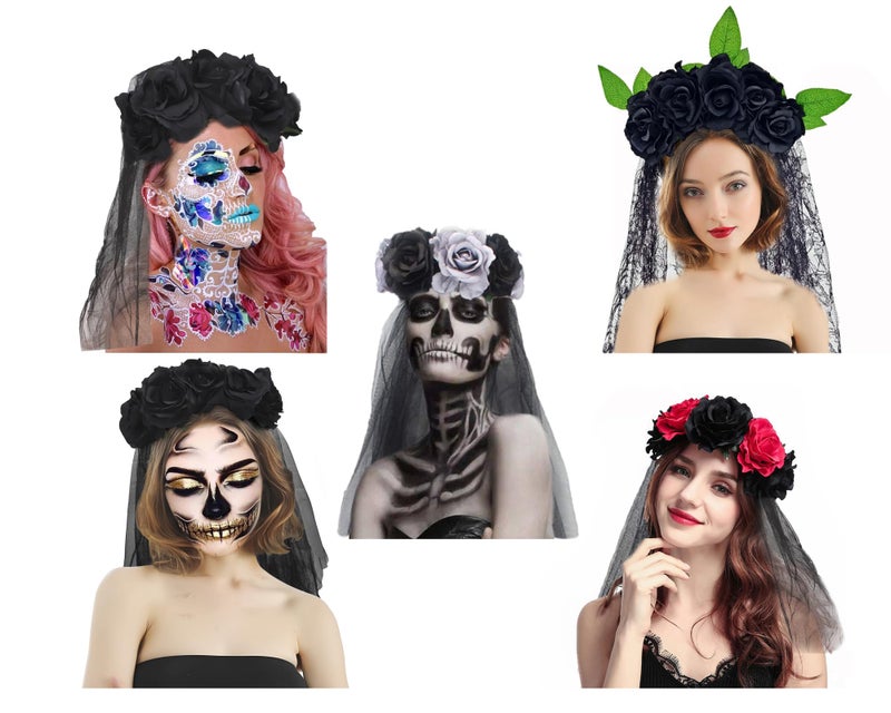 PURFUN Gothic Rose Floral Headband Crown Veil Women Halloween Cosplay Day of The Dead Masquerade Mexican Flower Hairband Garland Headpiece Hair Wreath Black Witch Vampire Bridal Veil Costume Accessory - Image 5